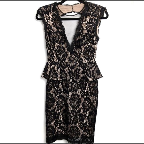 Betsy & Adam Black Lace Open Back Peplum Dress Size 2 - Picture 3 of 16